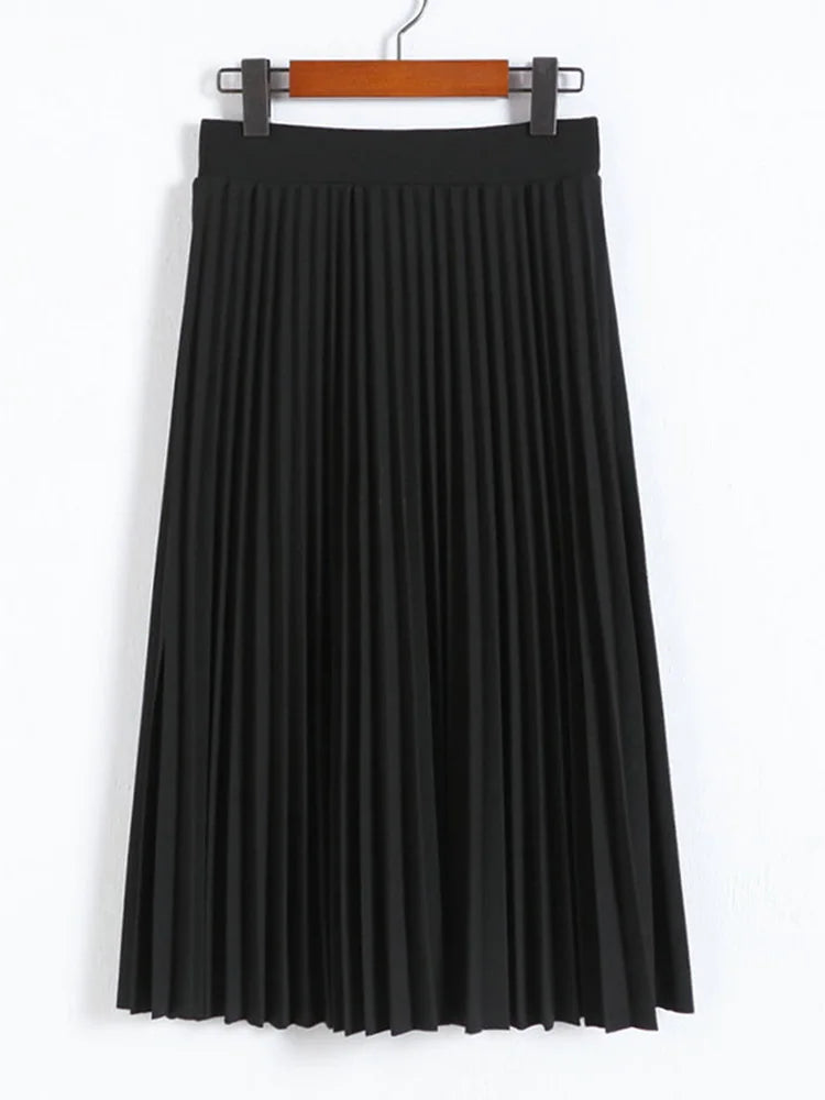 Spring &amp; Autumn Women&#39;s High-Waist Pleated Elastic Skirt: Solid Color Half-Length in Black &amp; Pink