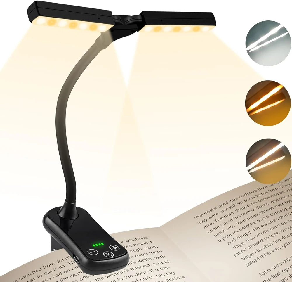 14 LED Clip-On Book Light - Dual Heads, 3 Colors, USB Rechargeable