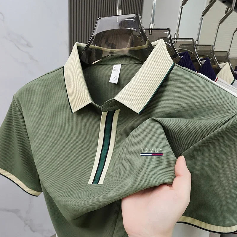 Men's Luxury Ice Silk Polo Shirt, Breathable Short Sleeve Business Casual Golf T-Shirt for Summer
