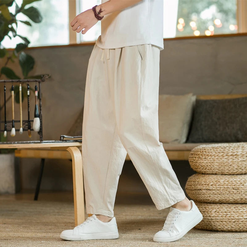 Men&#39;s Trousers Cotton Linen Fashion Casual Pants Solid Color Breathable Loose Shorts Straight Drawstring Pants Streetwear Men