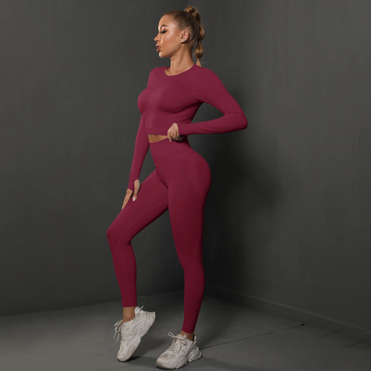 2-Piece Women&#39;s Seamless Gym Set: Bubble Butt Sports Pants &amp; Long Sleeve Top for Activewear