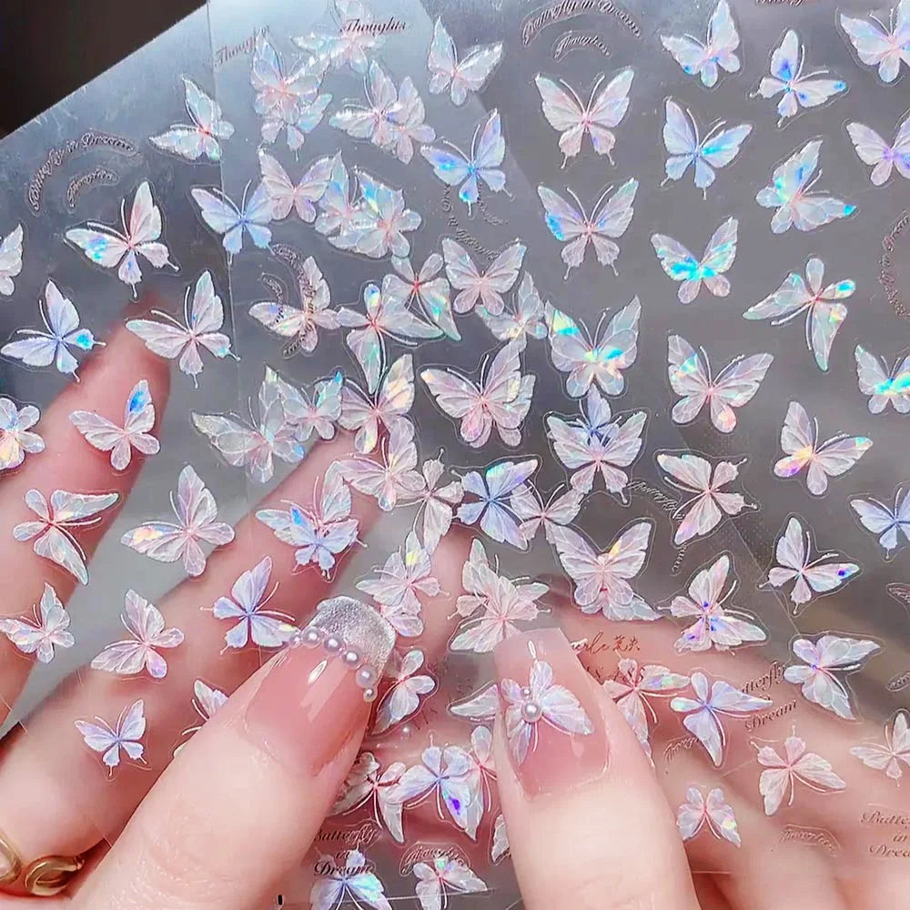 Pink Purple Aurora Butterfly Nail Stickers - Shiny 3D Adhesive Decals