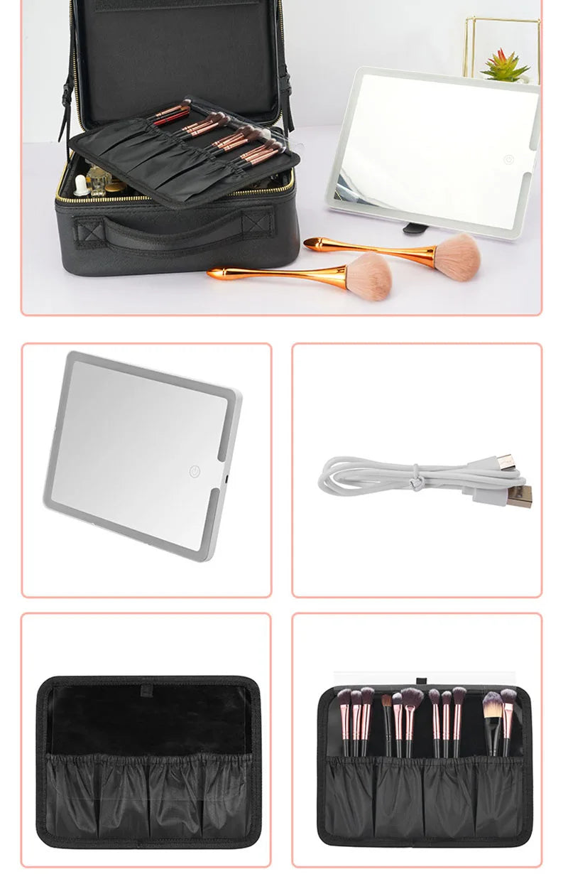 Smart LED Makeup Case with Mirror - Large Capacity Travel Cosmetic Bag