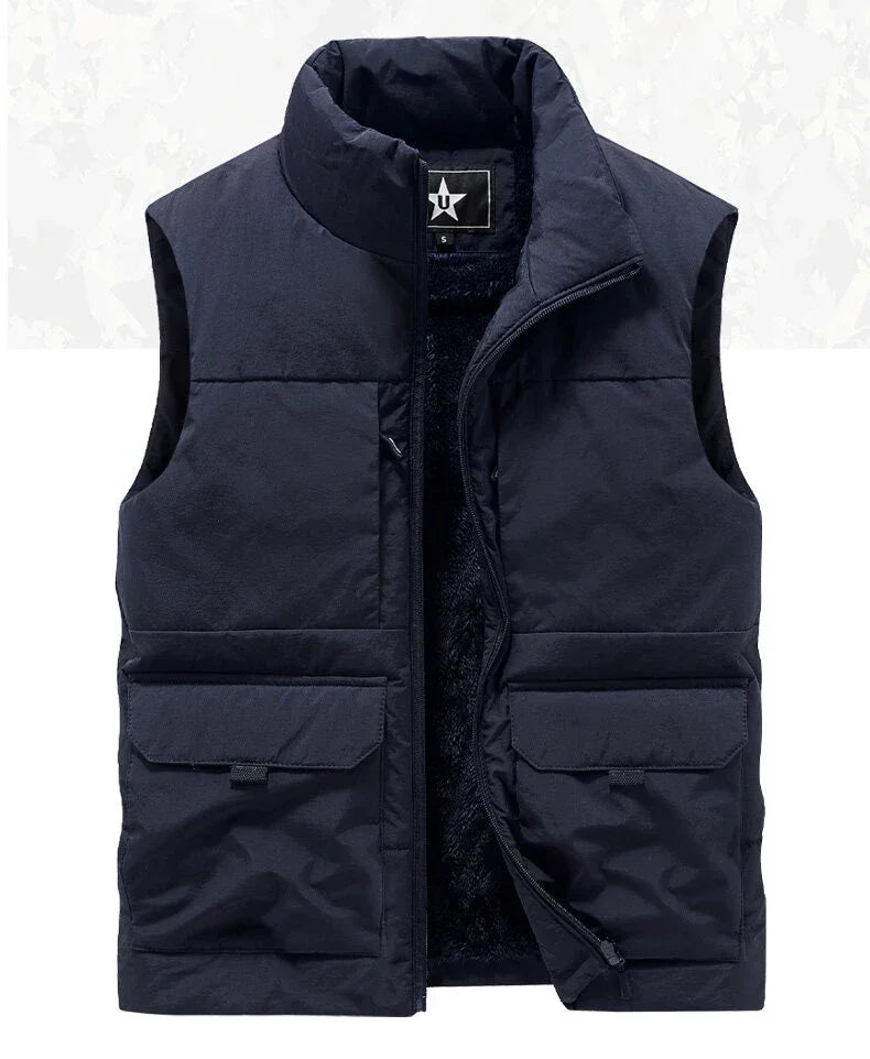 Men&#39;s Vests for Fall Winter Padded and Thickened Workwear Jacket Multi-pocket Stand-up Collar Undershirt Men&#39;s Outdoor Shoulder