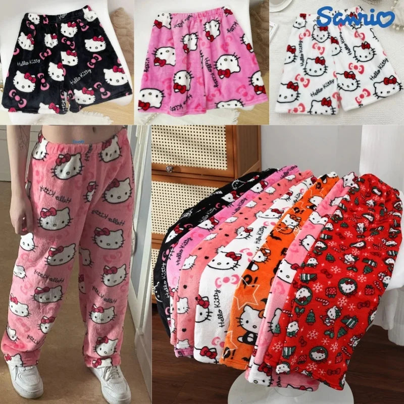 Sanrio Hello Kitty Y2K Kawaii Anime Flannel Pajamas – Women’s Warm Woolen Cartoon Casual Home Pants