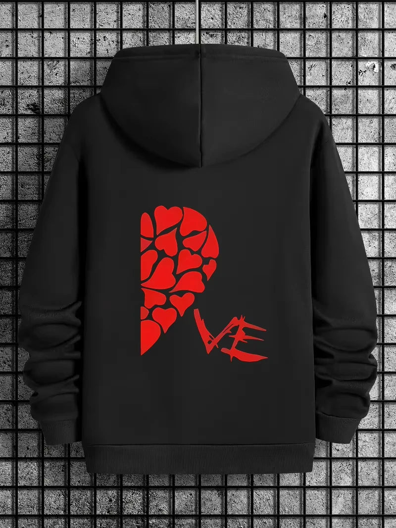 Love Print Fleece Hoodie for Men and Women, Casual Long Sleeve Pullover, Streetwear Autumn Winter Couple Sweatshirt