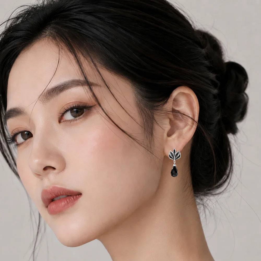Vintage Black Flame Water Drop Earrings, 925 Sterling Silver Fine Jewelry for Women, Elegant High-Quality Gift