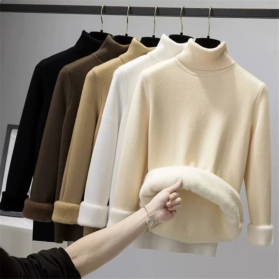 Women&#39;s Elegant Turtleneck Sweater: Thick Velvet-Lined, Warm Slim Fit Knitwear for Winter