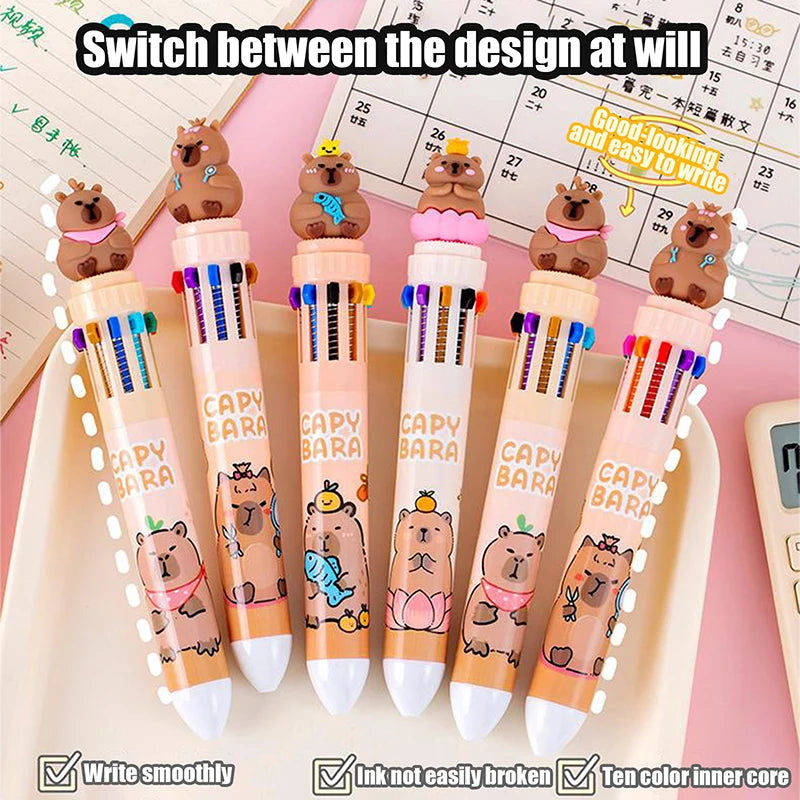 Cartoon Capybara 10-Color Ballpoint Pen - 0.5mm Gel Pen for School Supplies