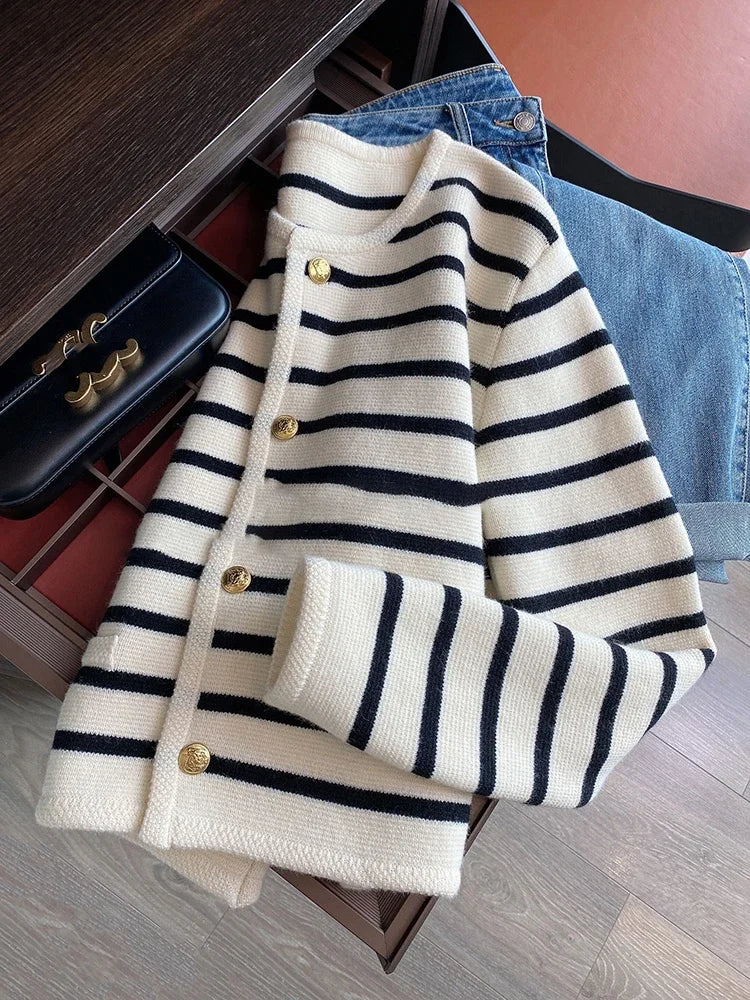 Women&#39;s Striped Knitted Cardigan: O-Neck Casual Sweater for Spring &amp; Autumn