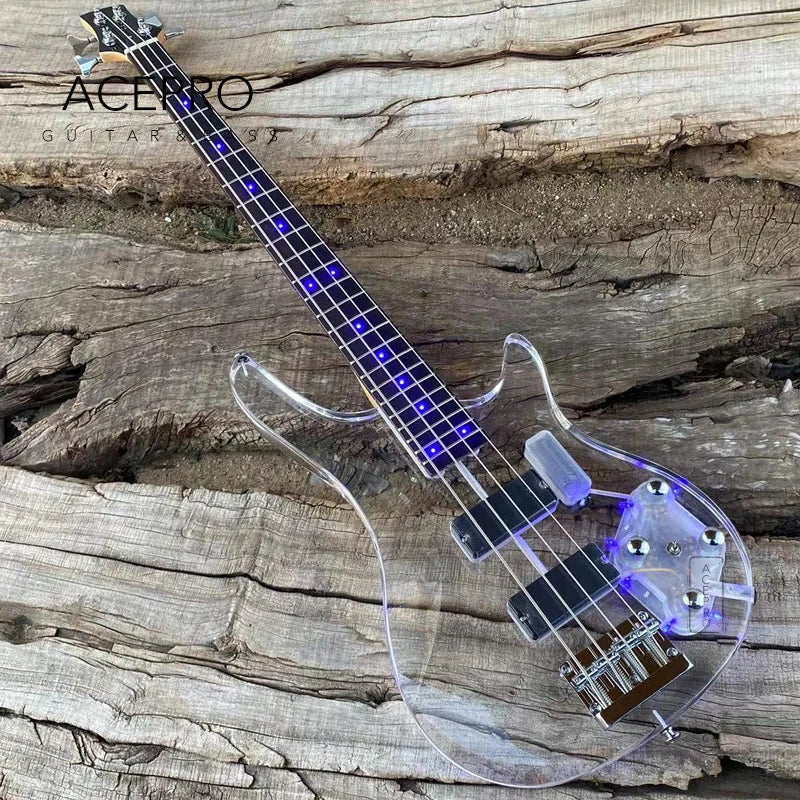 4-String Electric Bass Guitar - Blue LED Lights, Acrylic Body, Maple Neck