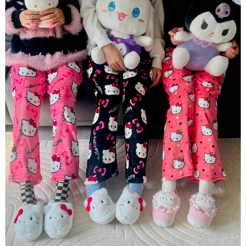 Sanrio Hello Kitty Y2K Kawaii Flannel Pajamas – Women’s Warm Woolen Cartoon Casual Home Pants, Autumn and Winter Fashion Trousers