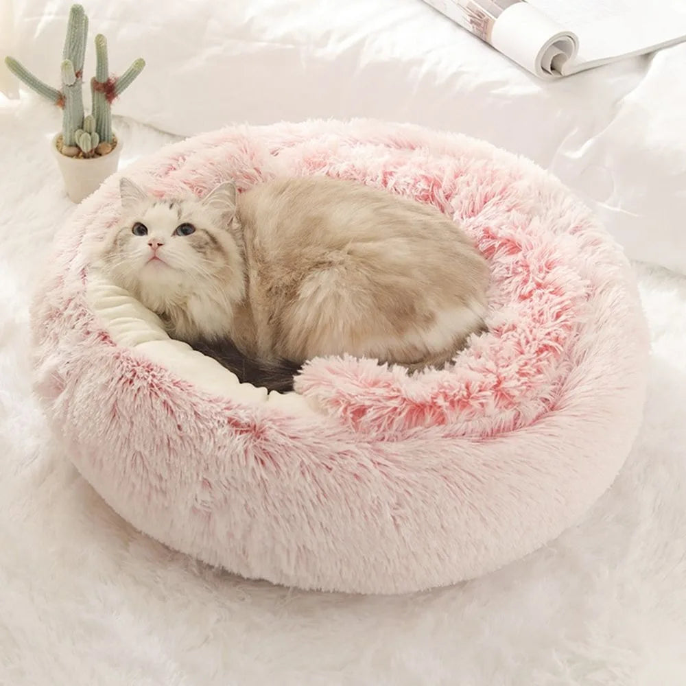 Warm Plush Pet Bed: Enclosed Round Cushion and Sleep Bag for Small Cats and Pets