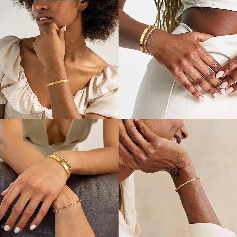 Stackable Gold Bracelets – 14K Gold Plated Cubic Zirconia Tennis Bangles for Women and Girls