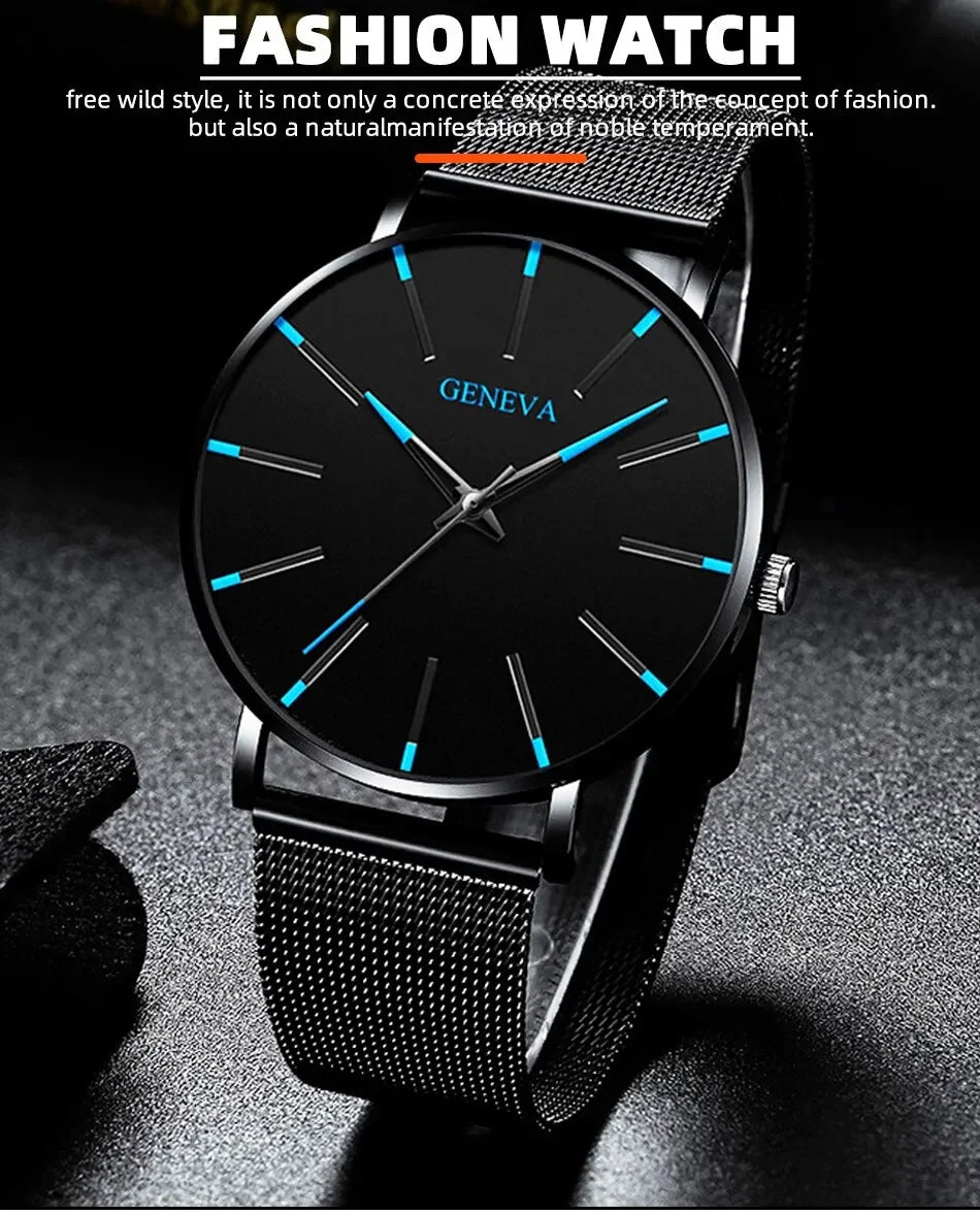 Minimalist Ultra-Thin Men&#39;s Quartz Watch – Stainless Steel Mesh Strap for Business &amp; Casual Style