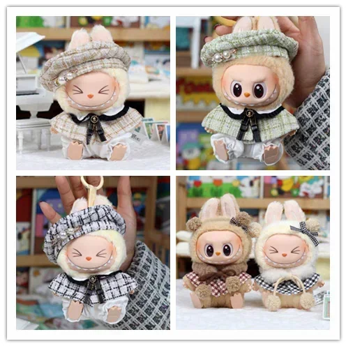 For 15cm Cute Labubu V1 V2 Mini Doll&#39;s Stylish Grid retro Cape With Beret Set Labubu Clothes Outfit Labubu Ropa Clothing Gift