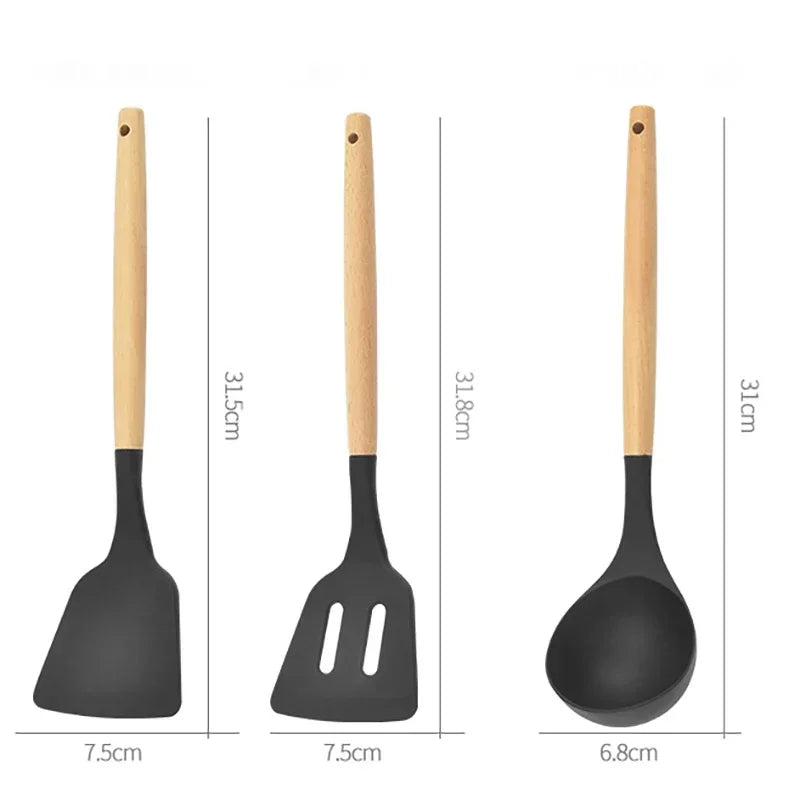 12 PCS Non-Stick Silicone Cookware Set: Kitchen Utensils with Wooden Handles – Includes Spatula, Shovel, and Egg Beaters