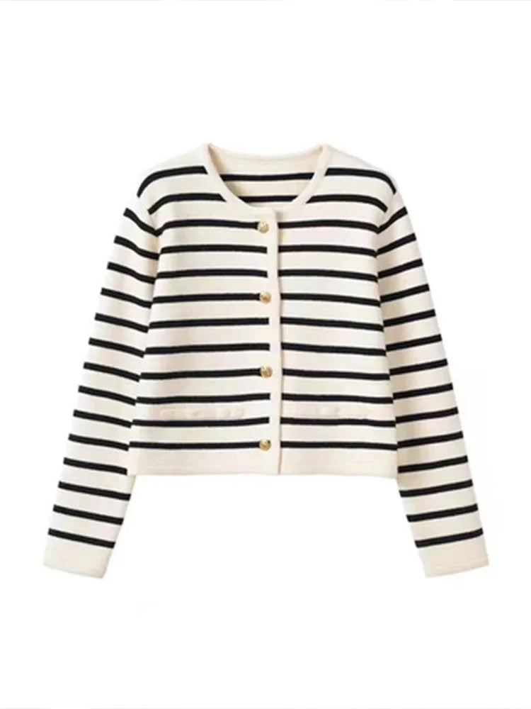 Women&#39;s Striped Knitted Cardigan: O-Neck Casual Sweater for Spring &amp; Autumn