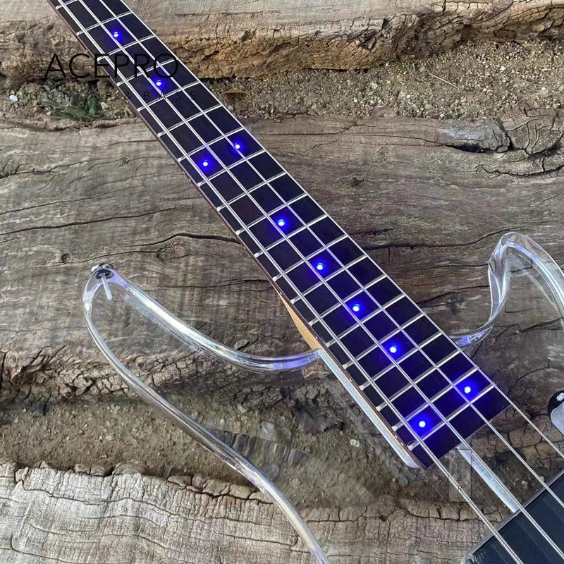 4-String Electric Bass Guitar - Blue LED Lights, Acrylic Body, Maple Neck