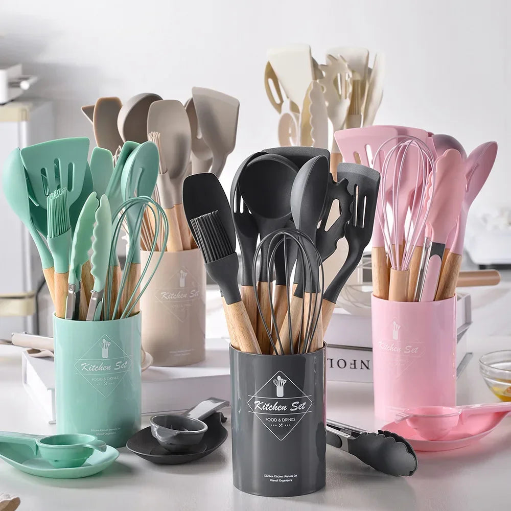 12 PCS Non-Stick Silicone Cookware Set: Kitchen Utensils with Wooden Handles – Includes Spatula, Shovel, and Egg Beaters