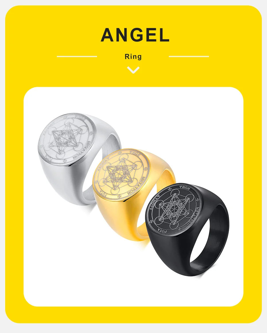 Vnox Vintage Seven Seals of Angels Ring for Men, Stainless Steel Metatron Cube Triquetra Stamp Ring, Chunky Punk Fashion Jewelry