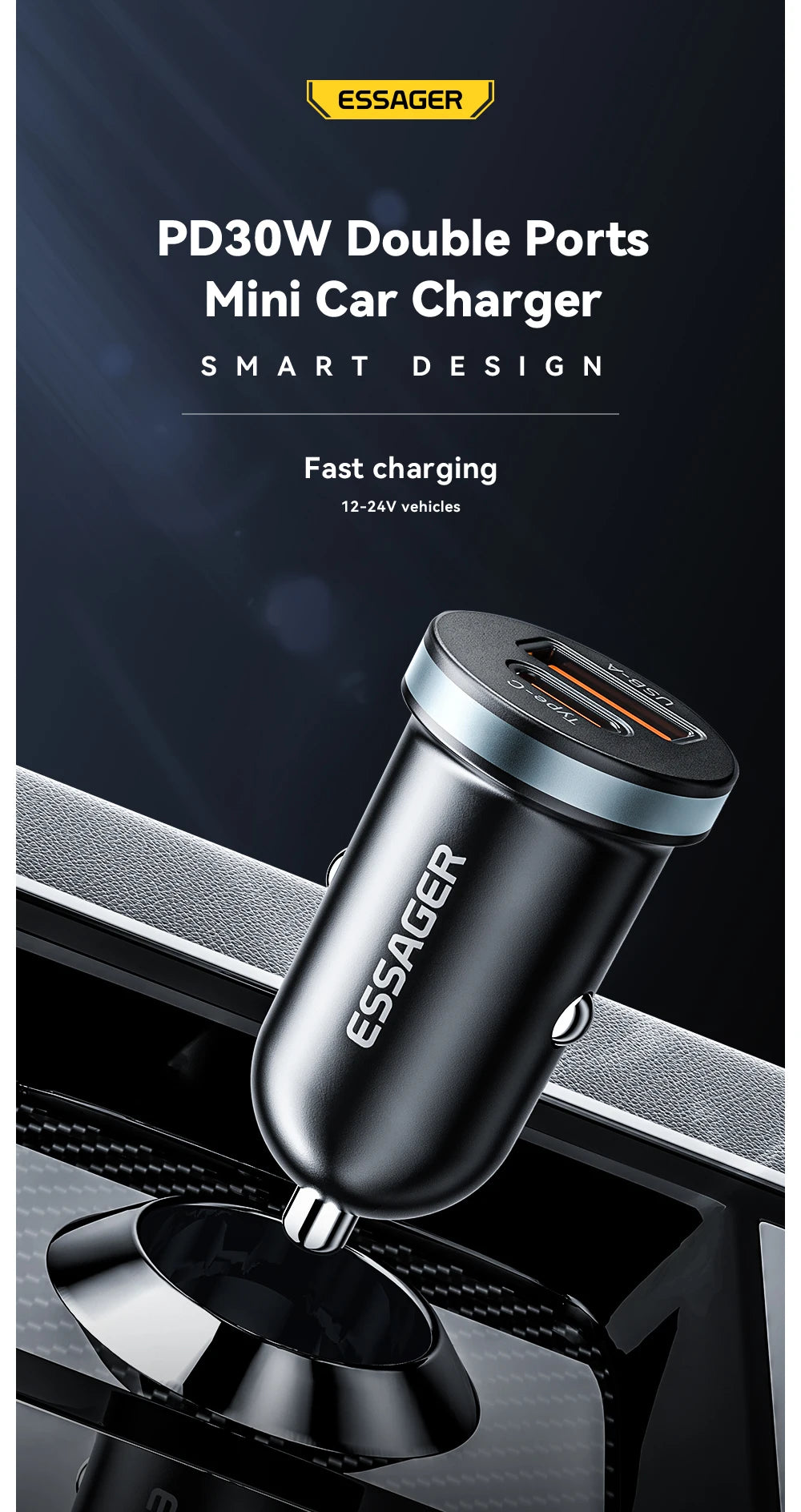 Essager 30W USB-C Car Charger – Quick Charger with PD, QC 3.0, SCP, 5A Fast Charging for iPhone, Xiaomi, Samsung