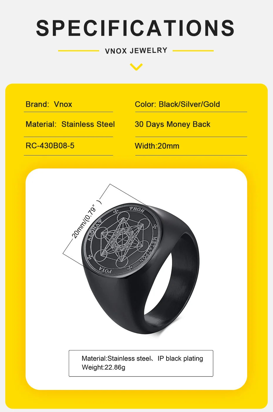 Vnox Vintage Seven Seals of Angels Ring for Men, Stainless Steel Metatron Cube Triquetra Stamp Ring, Chunky Punk Fashion Jewelry