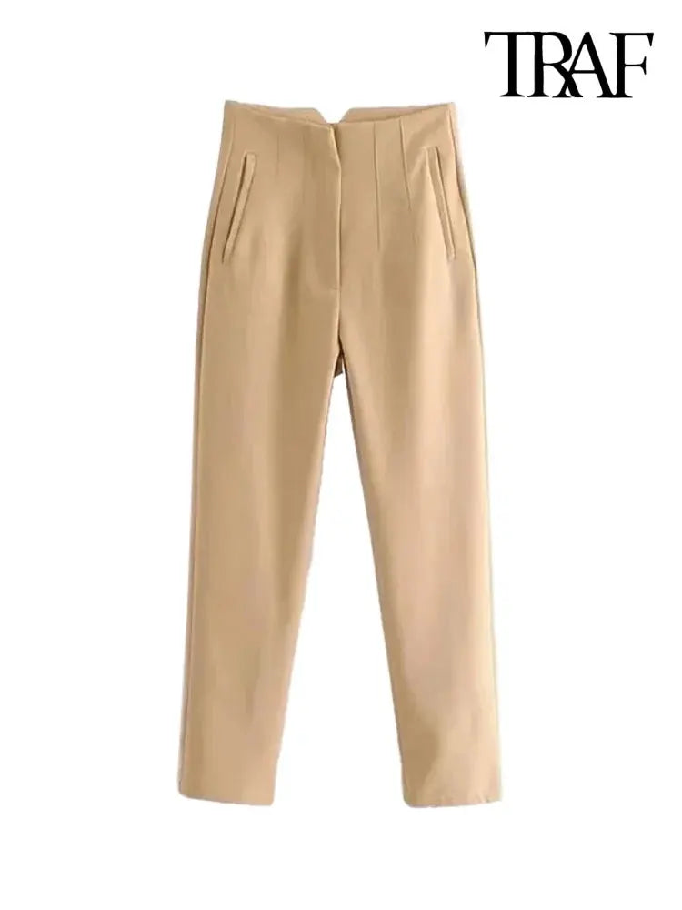 Women’s Casual Solid Pants: Vintage High-Waist Ankle Trousers with Pockets