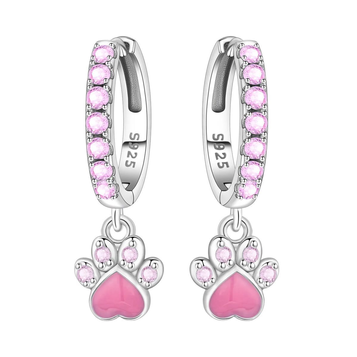 Original 925 Sterling Silver Pink Paw Print Earrings with Zircon, Heart Flower and Leaf Design, Elegant Women's Party Jewelry Gift