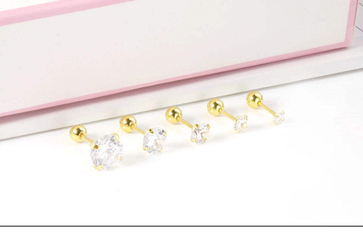 Shiny Crystal Zircon Stud Earrings – Round Beads with Screw Back, Stainless Steel, Available in 3-8mm for Men and Women