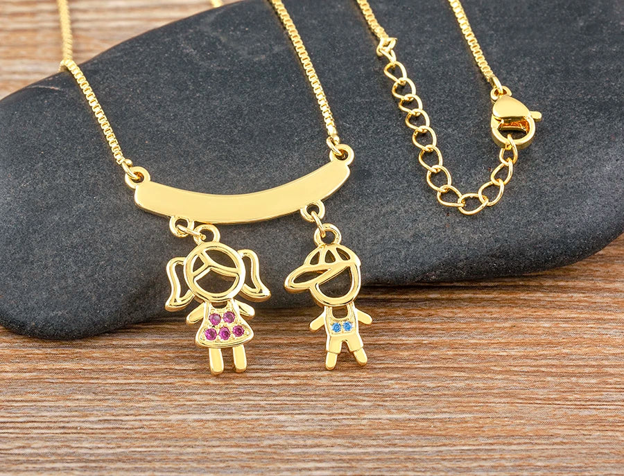 Nidin Gold-Plated Mom and Daughter Pendant Necklace with Cubic Zirconia, Elegant Mother's Day Jewelry Gift