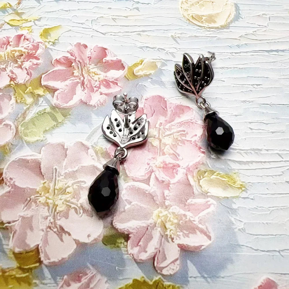 Vintage Black Flame Water Drop Earrings, 925 Sterling Silver Fine Jewelry for Women, Elegant High-Quality Gift