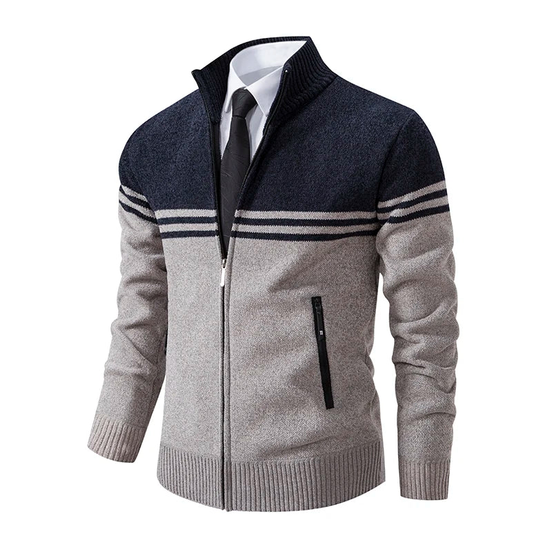 Men&#39;s New Winter Sweater Thick Fleece Warm Sweater Casual Stand Collar Zipper Cardigan Fashion Striped Coat