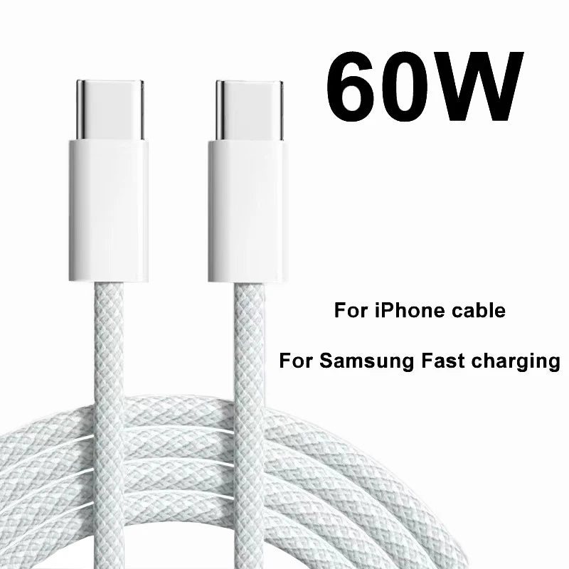 USB-C to Type-C Fast Charging Cable – PD 60W for iPhone 15, Android, Samsung, Huawei, Braided Charger Cable