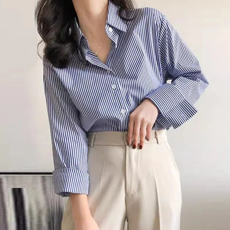 Women&#39;s Classic Striped Blouse: Loose Fit with Lantern Sleeves &amp; Stand Collar for Spring &amp; Autumn