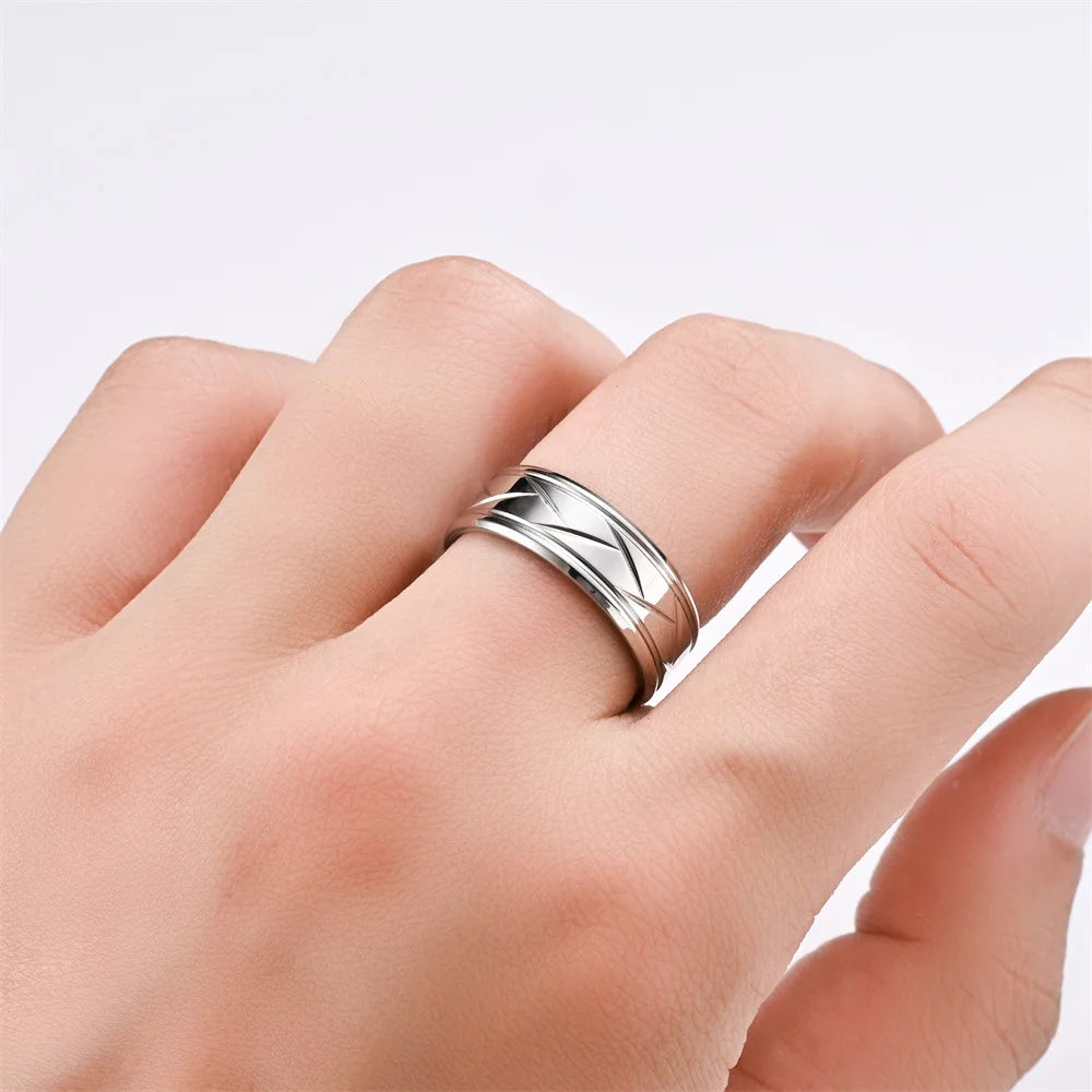 Men&#39;s Multi-Faceted Silver &amp; Black Stainless Steel Ring – Grooved Design for Engagement or Anniversary Gifts