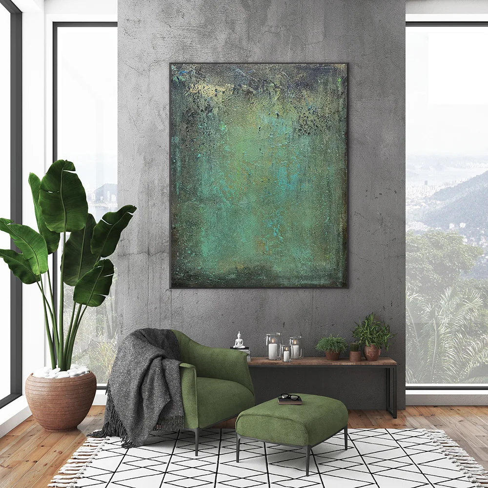 Large Abstract Green Minimalist Wall Art – Textured Painting for Living Room Decor