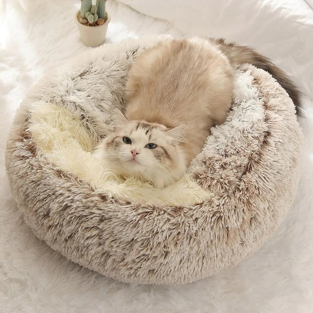 Warm Plush Pet Bed: Enclosed Round Cushion and Sleep Bag for Small Cats and Pets