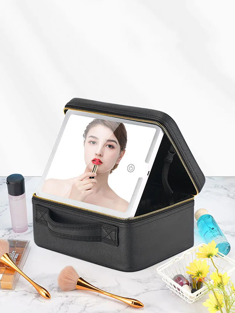 Smart LED Makeup Case with Mirror - Large Capacity Travel Cosmetic Bag