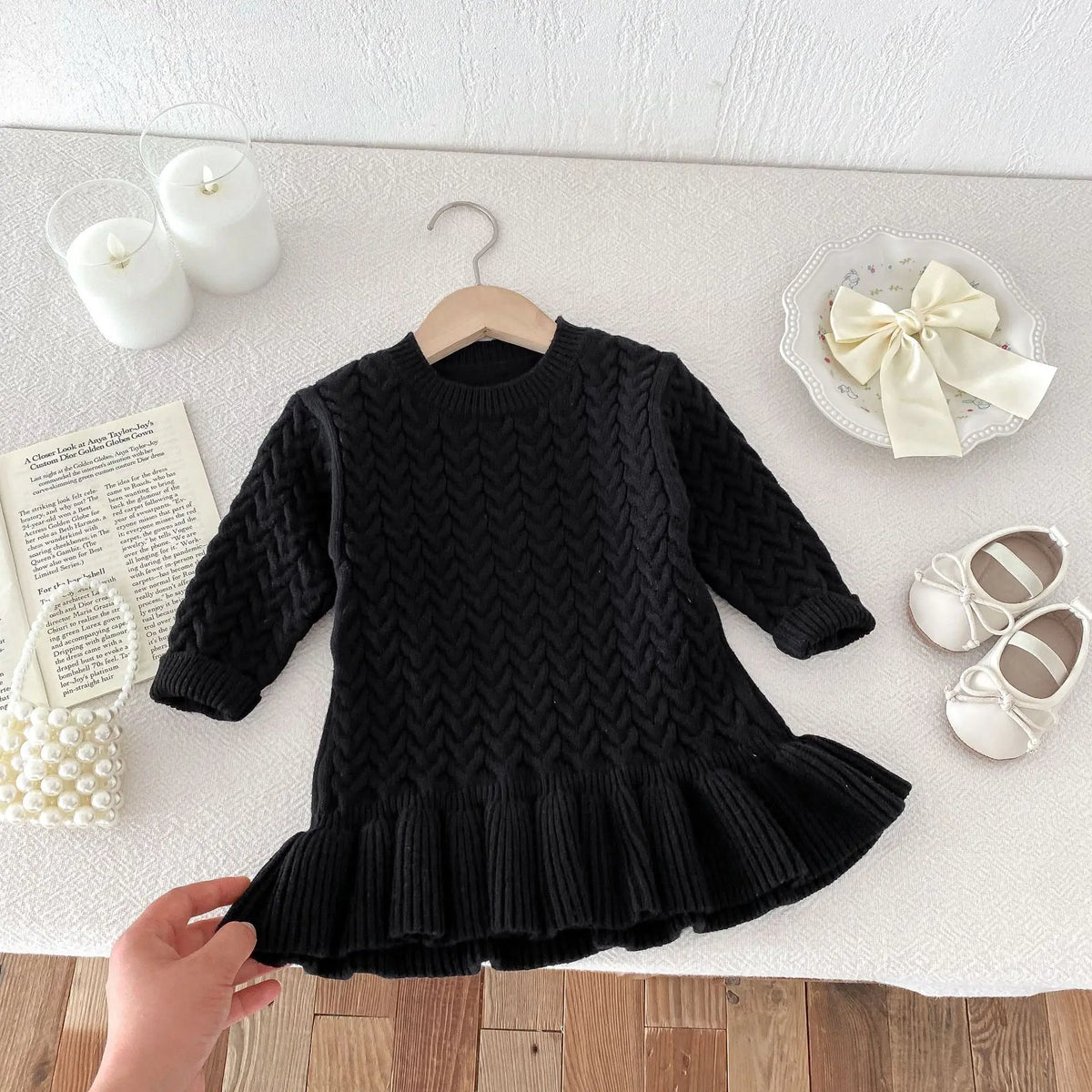 Autumn and Winter Korean Girls Sweater Dress – Long Sleeve Knitted Ruffle Dress with Twist Design and Round Neck