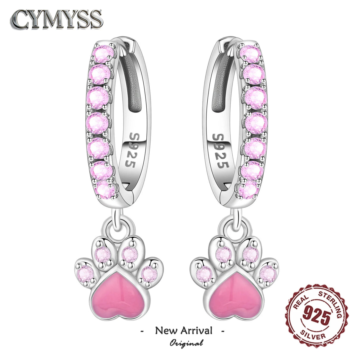 Original 925 Sterling Silver Pink Paw Print Earrings with Zircon, Heart Flower and Leaf Design, Elegant Women's Party Jewelry Gift