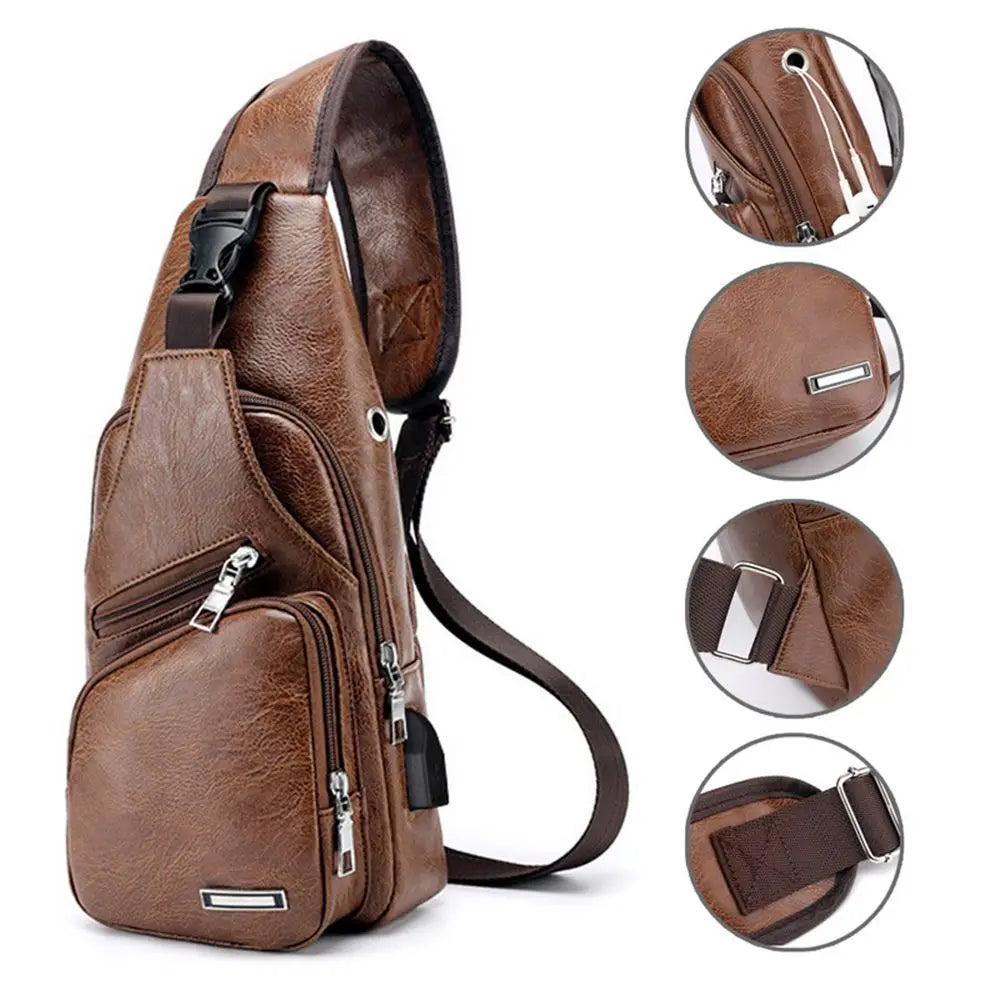 Men&#39;s Casual Chest Bag - PU USB Charging Shoulder Bag for Outdoor Sports