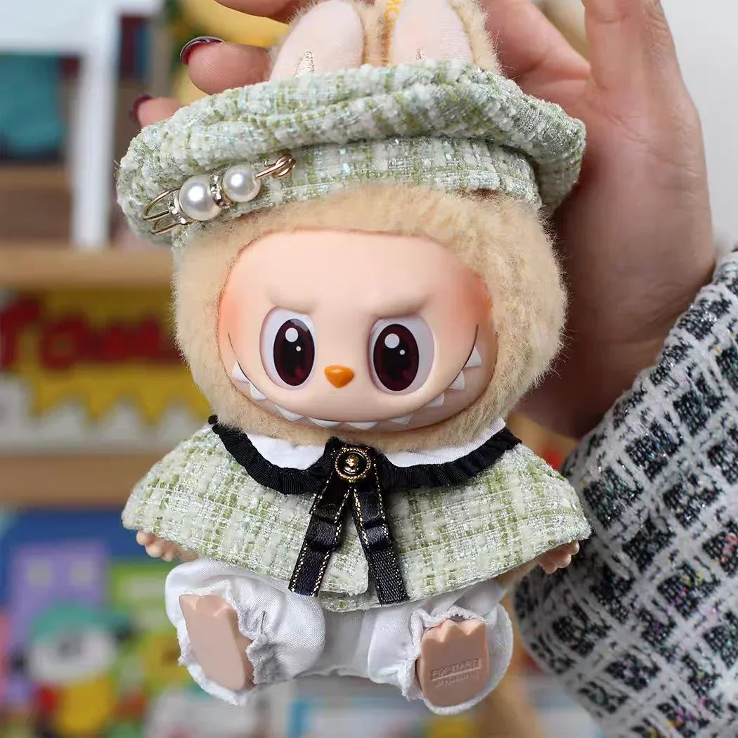 For 15cm Cute Labubu V1 V2 Mini Doll&#39;s Stylish Grid retro Cape With Beret Set Labubu Clothes Outfit Labubu Ropa Clothing Gift
