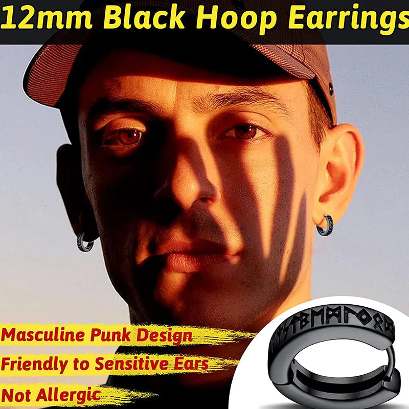 Stainless Steel Viking Rune Hoop Earrings – Unisex 12mm Huggie Earrings for Men and Women