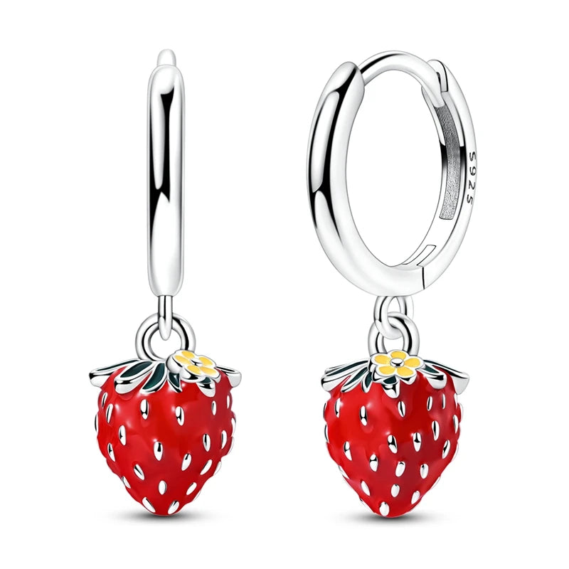 Original 925 Sterling Silver Fruit Hoop Earrings for Women, Cute Cherry Strawberry and Mushroom Charm Earrings, Fashion Jewelry Gift