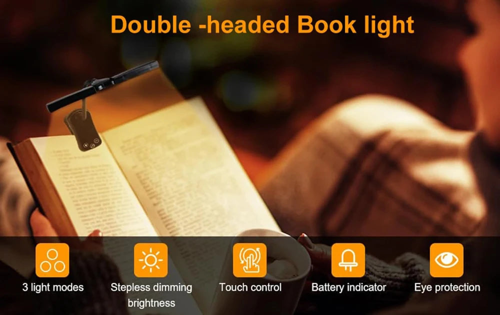 14 LED Clip-On Book Light - Dual Heads, 3 Colors, USB Rechargeable