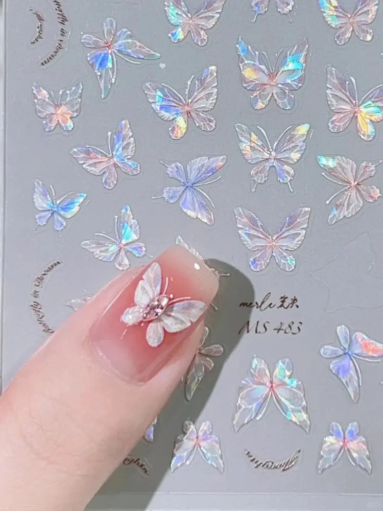 Pink Purple Aurora Butterfly Nail Stickers - Shiny 3D Adhesive Decals