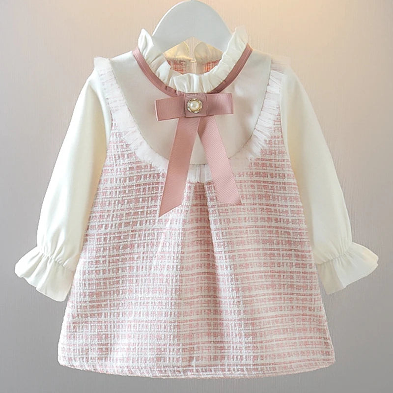 New Spring Toddler Girl Dress – Korean Fashion Cute Bow Mesh Plaid Long Sleeve Princess Outfit (BC464)