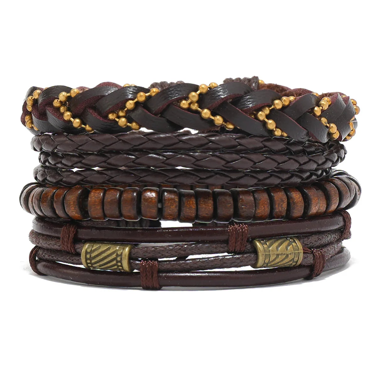 4/6PCS PU Leather &amp; Wood Bead Bracelet Set – Vintage Braided Wrap Armband for Men