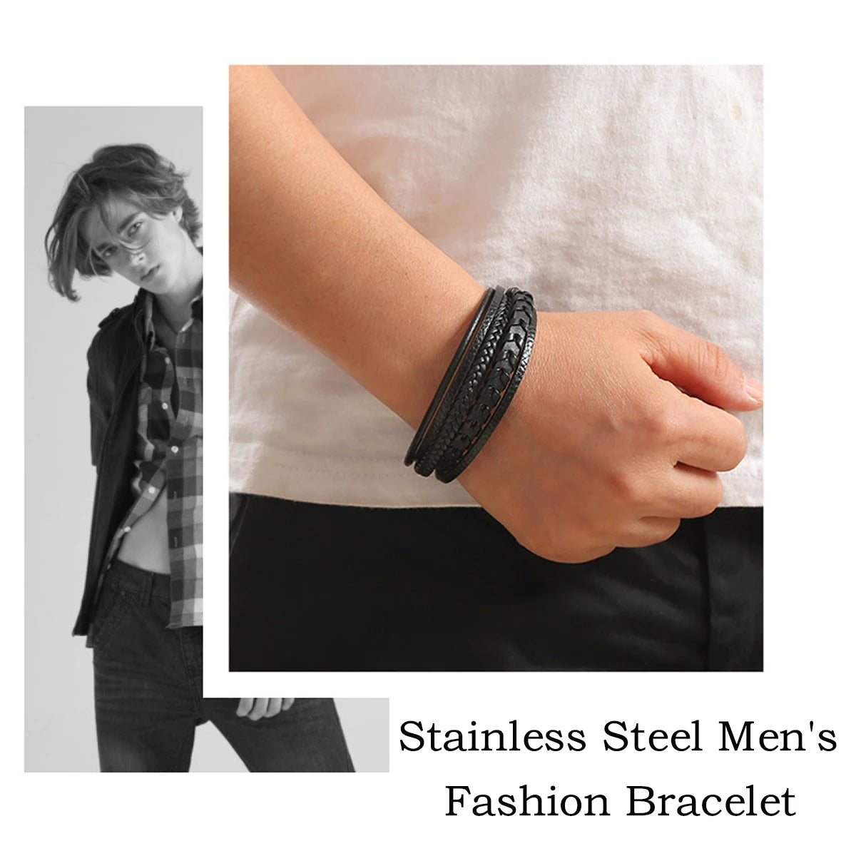 Men&#39;s Multi-Layered Vintage Leather Bracelet – Braided Rope Design with Alloy Magnetic Buckle